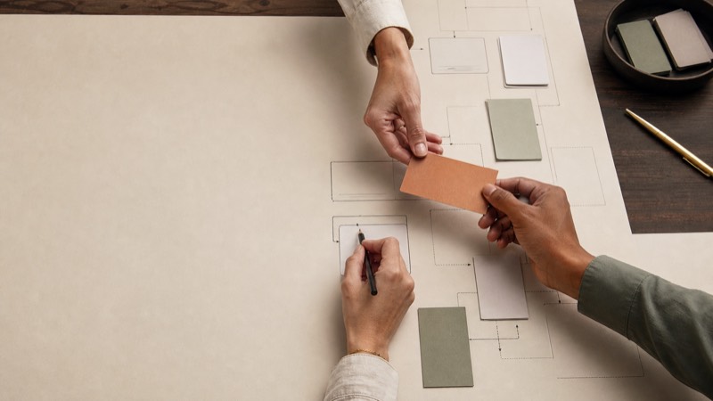 Hands passing a card across a paper workflow map on a table.